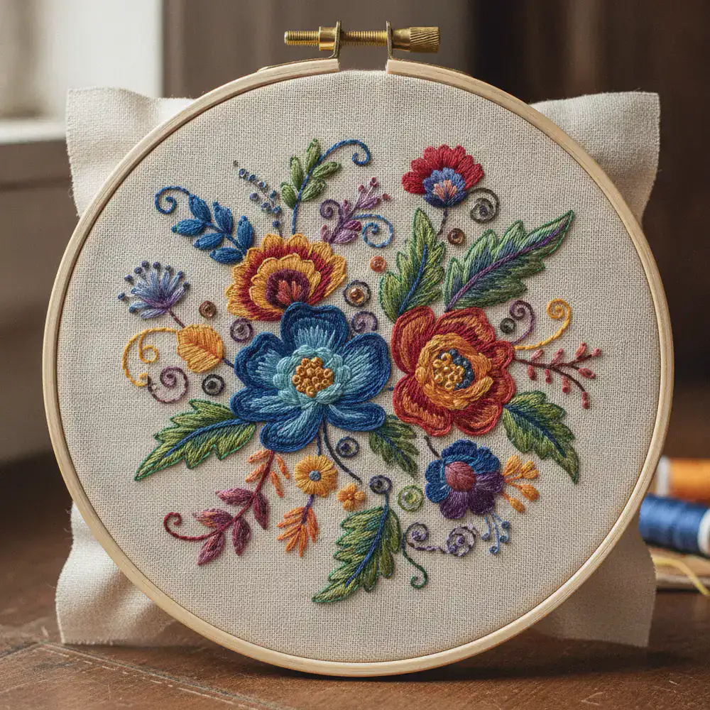 Détail d'une broderie colorée sur un tambour en bois