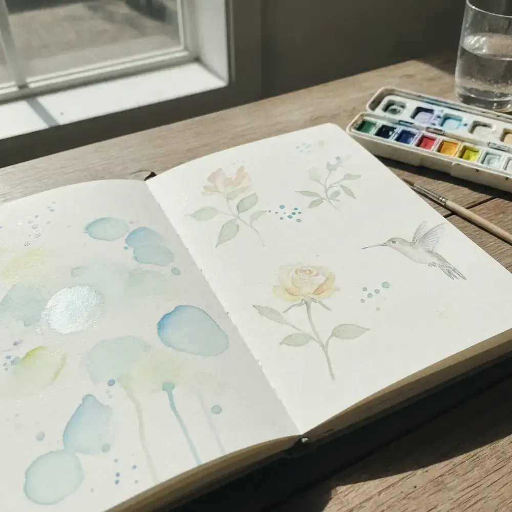 Carnet de croquis ouvert avec des essais d'aquarelle